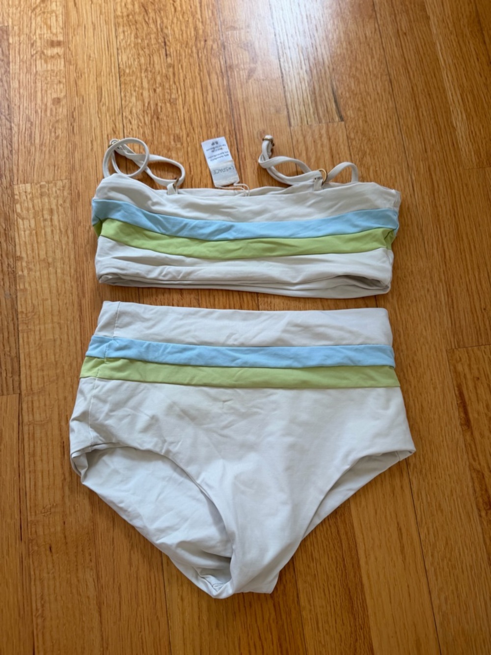 l*space Cream Bikini Set with Blue and Light Green Stripes